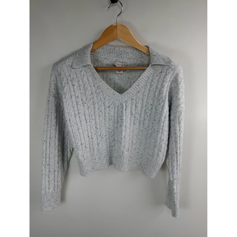 Sincerely Jules Cable Knit Polo Sweater Gray Speckled Collared Crop Small
